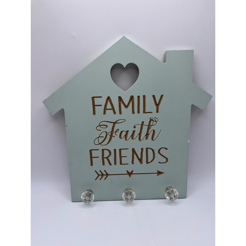 Family Faith Friends House Key Holder Wall Decor 3 Crystal Knobs Sage Green